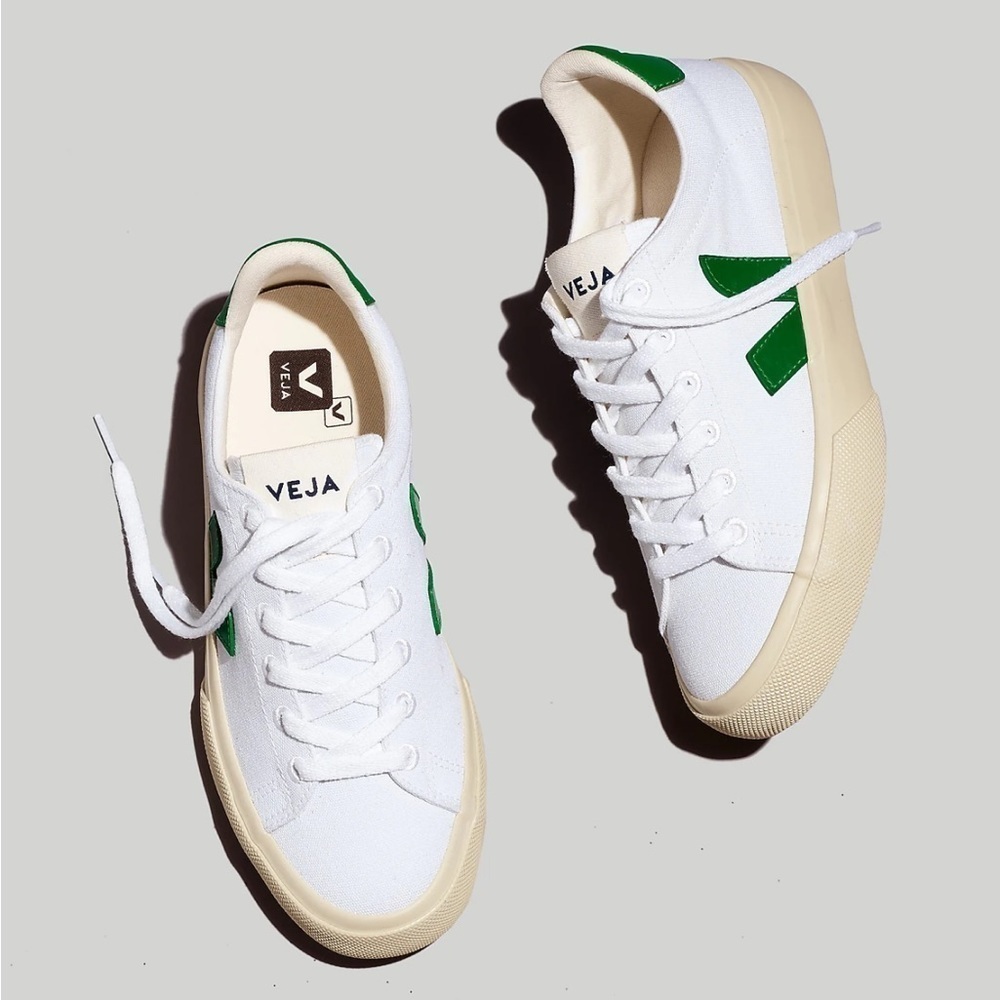 Veja White Canvas Sneakers with Green Accents